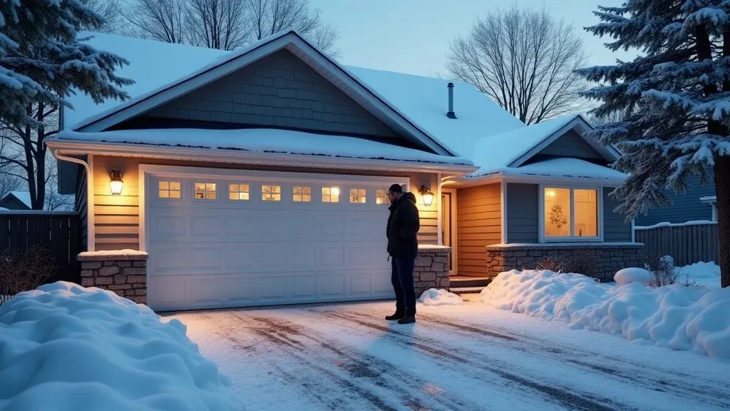 Realistic suburban home with a snow-covered driveway and a closed garage door. Content and relieved homeowner, standing next to the garage, dressed in winter clothing, warm light glowing from garage, snowflakes in the early evening. Alt: garage door maintenance for winter in a suburban home