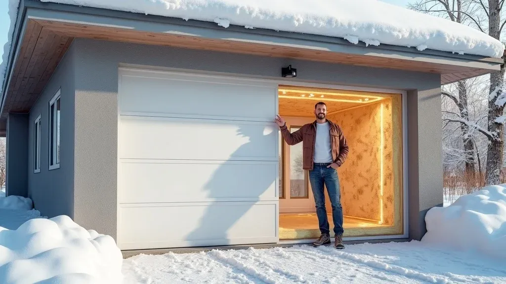 Modern insulated double garage door section showing thick insulation and satisfied homeowner. Alt: insulated garage door for efficient winter garage door maintenance