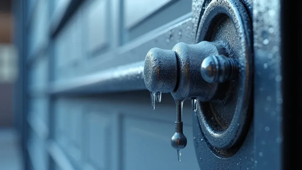 Detailed close-up of metal garage door components with visible frost and ice – the impact of cold weather on garage door maintenance for winter. Alt: cold weather effects on garage door mechanisms