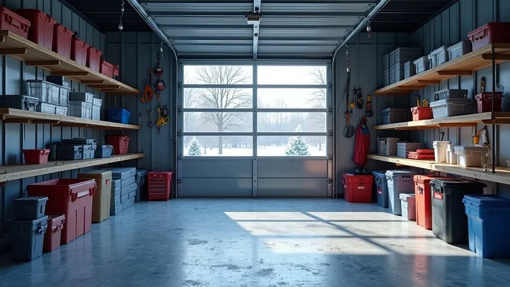 Organized insulated garage with shelves and storage bins – safe storage in winter-ready garage. Alt: organized insulated garage for winter