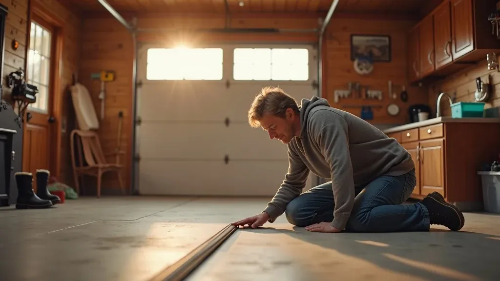 Homeowner installing weather stripping on garage door – garage door maintenance for winter in action. Alt: installing weather stripping for efficient winter garage door maintenance