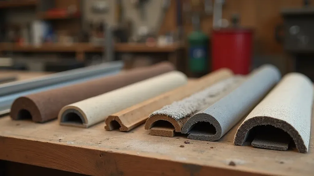 Clean display of various weather stripping material samples for garage doors. Alt: weather stripping options for garage door maintenance for winter