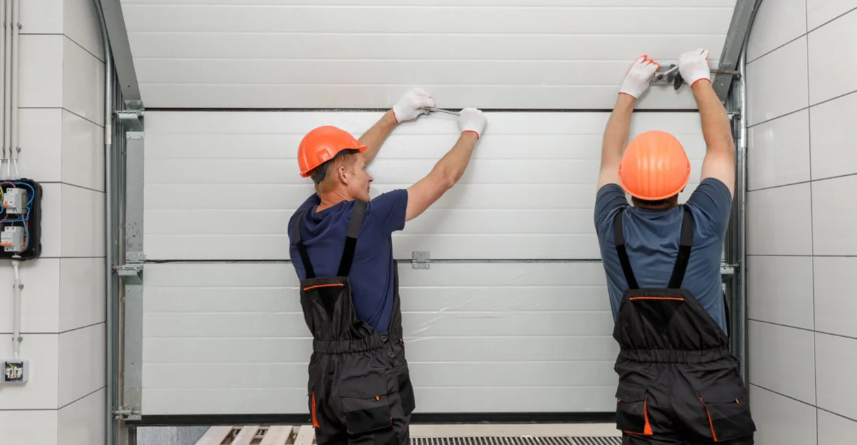 Men repairing garage door